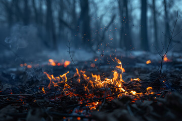 A fire burns in a cold forest, depicted with selective focus in an outdoor scene.