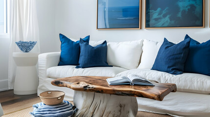Accent coffee table with a live edge next to a white sofa and blue pillows, set against a large poster frame wall. Modern living room interior design of a coastal home - Powered by Adobe