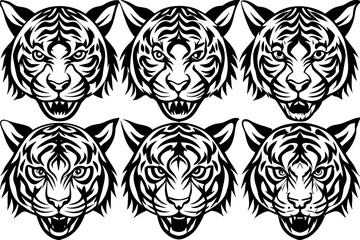 6-set-different-tiger-head--white-background-vector illustration