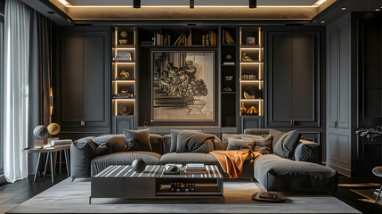 Apartment interior design in the modern art deco style, with a grey sofa in the living room above a...
