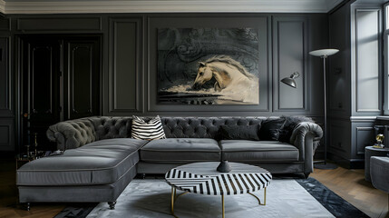 Apartment interior design in the modern art deco style, with a grey sofa in the living room above a dark wall. coffee table with stripes as an accent