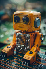 A robot is sitting on a circuit board, characterized by light amber and black colors, happycore style, social media portraiture, colorful caricature, and selective focus.