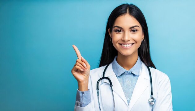 Smiling happy doctor pointing with finger on blue background