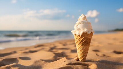 Close up of a ivory Ice Cream Cone at the Beach. Beautiful Summer Vacation Background