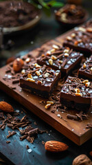 A tray of chocolate burfis, topped with chocolate ganache and garnished with chopped nuts and chocolate shavings, delicious food style, blur background, natural look