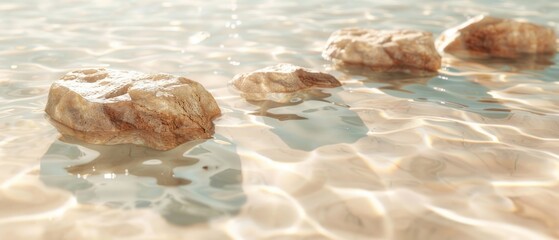 Obraz na płótnie Canvas Reflections play on the surface of water where rocks are present, rendered in delicate chromatics and sun-kissed palettes of light beige and white.