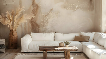 Fototapeta na wymiar Beside a white sofa, against a beige stucco wall, sits a rustic wooden coffee table. Modern living room interior design of a bohemian home