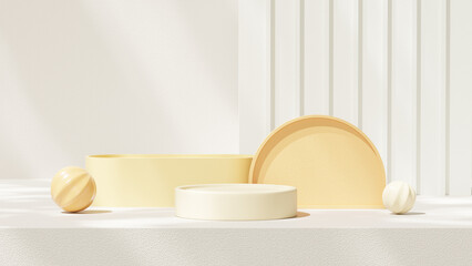 Premium yellow color 3d rendering mockup template of round podium in landscape