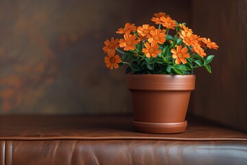 Orange flowers in terracotta pot on table