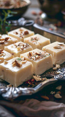 A tray of coconut malai barfis, topped with a layer of thickened milk and garnished with silver vark and chopped almonds, delicious food style, blur background, natural look - obrazy, fototapety, plakaty