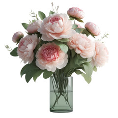A vase filled with pink flowers sits on a white background, gift, flower, 3D render, isolated on a transparent background