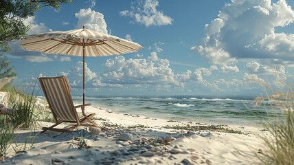 Sandy shores getaway complete with striped chair and parasol - obrazy, fototapety, plakaty