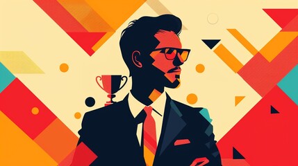A minimalist, modern artinspired illustration of a businessman with a trophy, using bold, flat colors and sharp lines to convey triumph and professionalism
