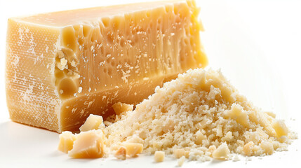 Large Parmesan cheese wheel on white background. Textured golden rind, artisanal quality. Design for gourmet food marketing, culinary arts.
