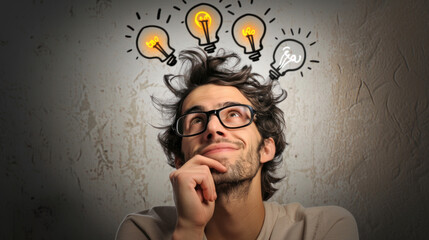 Young man and light bulbs drawn over his head, creativity concept