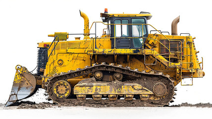 Isolated yellow bulldozer against stark white, focus on robust machinery