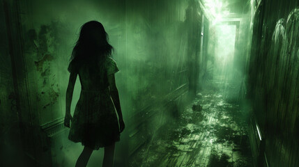 Fototapeta premium Silhouette of a girl in house full of smoke - nightmare, bad dream concept