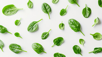 Freshly washed spinach leaves scattered on white surface. Focus on vibrant color, delicate veins. Symbol of freshness, health. Design for culinary arts, nutrition content.
