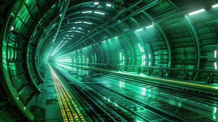Insides of futuristic rapid transport tunnel with emerald green lighting