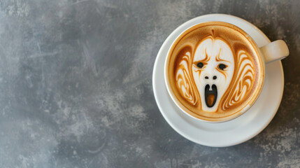Latte art with face screaming in terror - obrazy, fototapety, plakaty