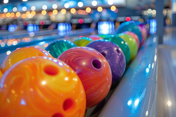 Image of tenpin bowling balls in different sizes and colours at bowling centre