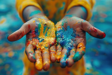 Young person showing paint-covered palms