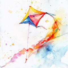 A watercolor painting of a bright kite flying high in the sky, on white background