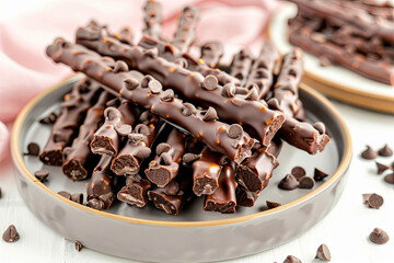 Close up of chocolate cookie sticks on a plate