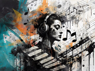 Abstract collage of woman face, musical notes, graffiti, texture and ink strokes