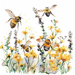 Clipart of a buzzing summer bee garden, watercolor on white background