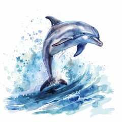Clipart of a playful dolphin jumping over waves, watercolor on white background