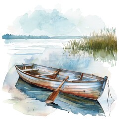 Clipart of a watercolor rowboat on a serene lake, peaceful summer on white background