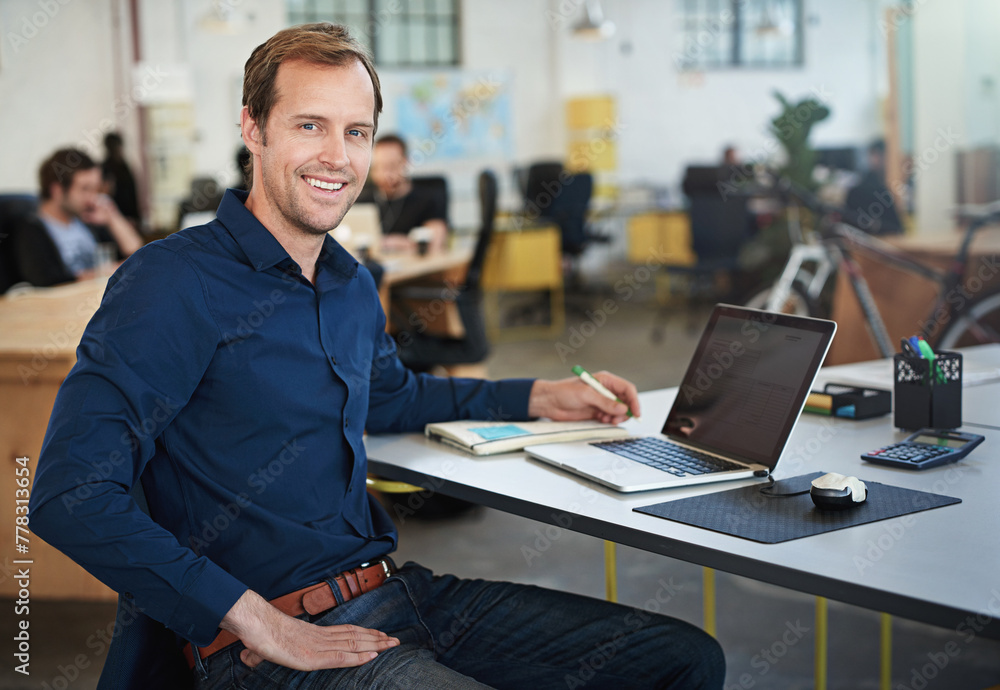 Poster Workplace, portrait of man or software developer with computer for testing programs, applications and career in office. Businessman, notebook and laptop for coding data with smile or professional