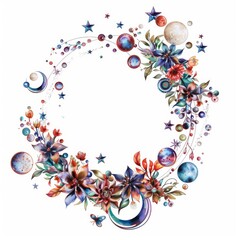 Cosmic flower wreath with stars and celestial bodies, on white background