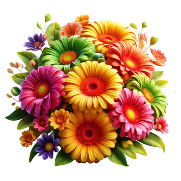 A bouquet of colorful flowers with a white background, gift, flower, 3D render, isolated on a transparent background
