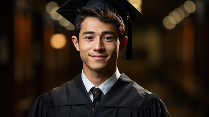 Young asian man wearing graduate uniform smiling happily - obrazy, fototapety, plakaty