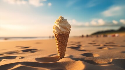 Close up of a light yellow Ice Cream Cone at the Beach. Beautiful Summer Vacation Background