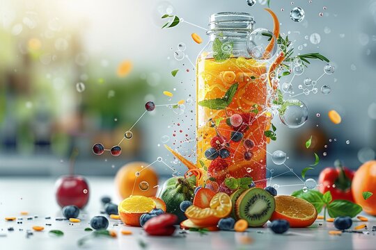 Bright and scientific depiction of a juice bottle filled with a natural microbiome compound, with fruits and vegetables morphing into molecular and microbiological elements around it