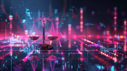Fototapeta premium Captivating illustration of scales unbalanced with chart columns, the higher side representing achievement, complemented by a background filled with flowing digital data