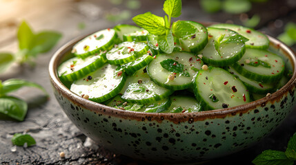 Cucumber Salad on a Decorated Table with Fresh Vegetables and Herbs