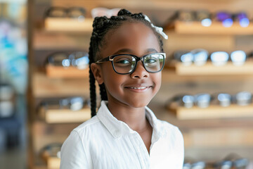 Little black girl in optical store trying on new glasses