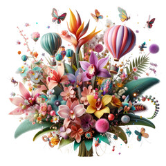 Fototapeta na wymiar A bouquet of flowers with a variety of colors and shapes, including a large pink, gift, flower, 3D render, isolated on a transparent background