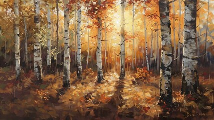 Autumn oil painting of birch forest at sunset, capturing warm hues and dappled light filtering through trees.