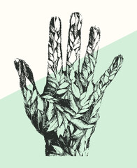hand with green leaf on palm vintage retro style, Generative Ai