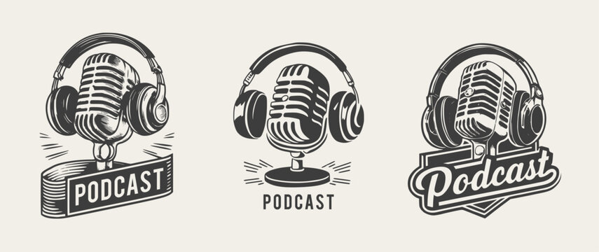 Podcast logo set vintage retro style, Generative Ai