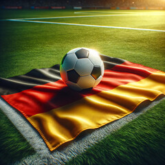 Soccer ball with Germany flag on a football field, Generative ai