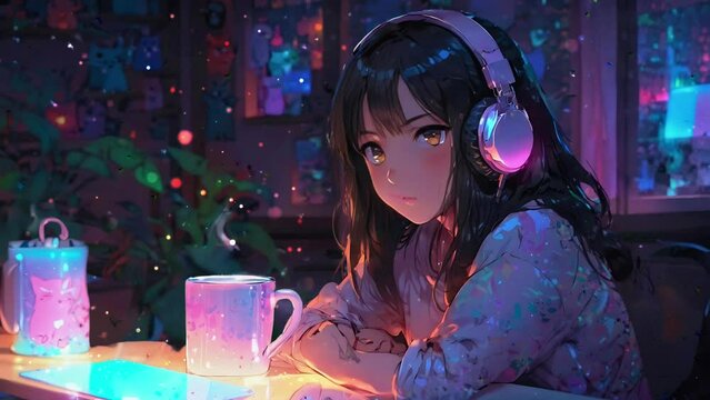 Cute girl using headphones sitting with cat on window background at the cafe, cartoon anime, neon lighting effects.