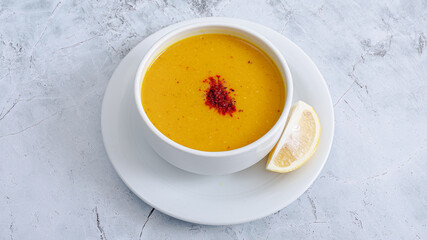Lentil soup bowl top view