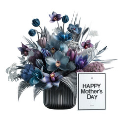 A bouquet of flowers in a vase with a white card that says Happy Mother's Day, gift, flower, 3D render, isolated on a transparent background