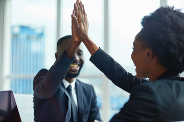 Successful business people giving each other a high five in a meeting. Two young business...